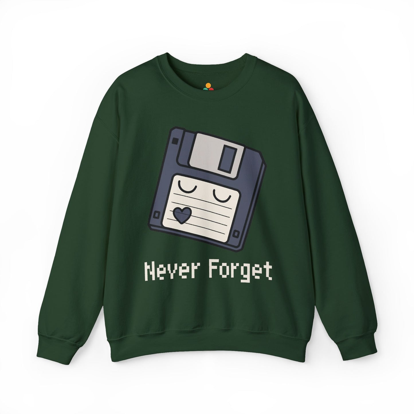 TEEZOCA never forget sweatshirt with floppy disk retro computer design Green sweatshirt with a floppy disk graphic and 'Never Forget' text on a white background
