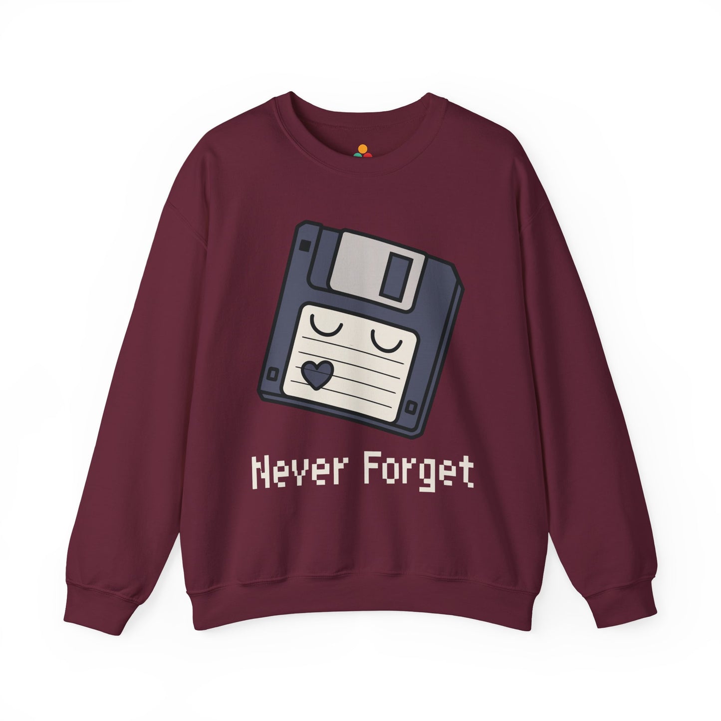 TEEZOCA never forget sweatshirt with floppy disk retro computer design Maroon sweatshirt with floppy disk graphic and 'Never Forget' text on a white background