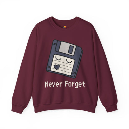 TEEZOCA never forget sweatshirt with floppy disk retro computer design Maroon sweatshirt with floppy disk graphic and 'Never Forget' text on a white background