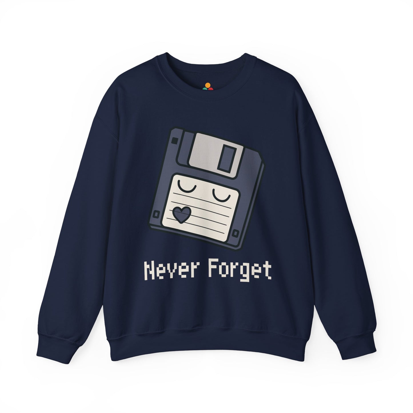 TEEZOCA never forget sweatshirt with floppy disk retro computer design Navy blue sweatshirt with a floppy disk graphic and 'Never Forget' text on a white background