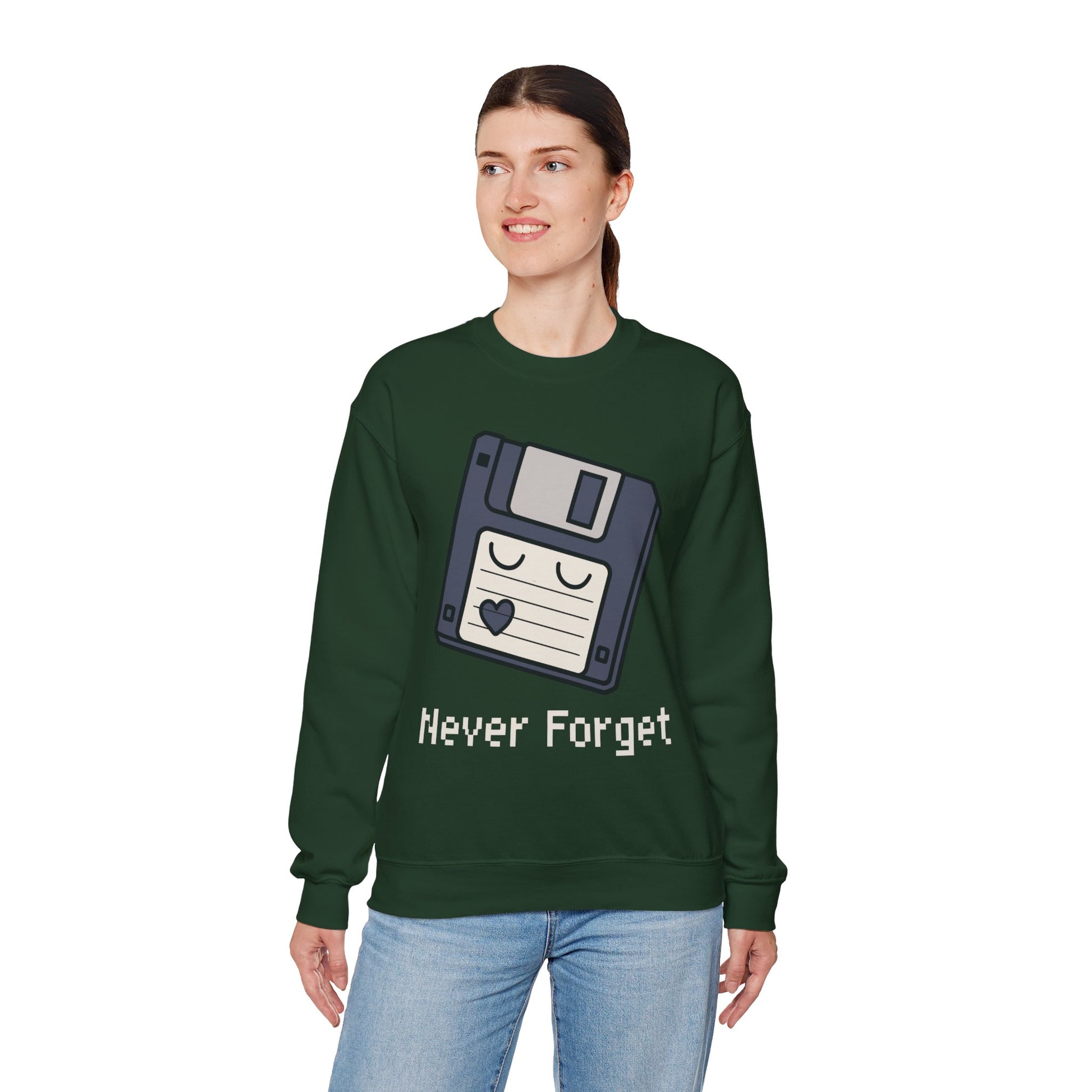 TEEZOCA never forget sweatshirt with floppy disk retro computer design Person wearing a green sweatshirt with a floppy disk design and 'Never Forget' text on a white background