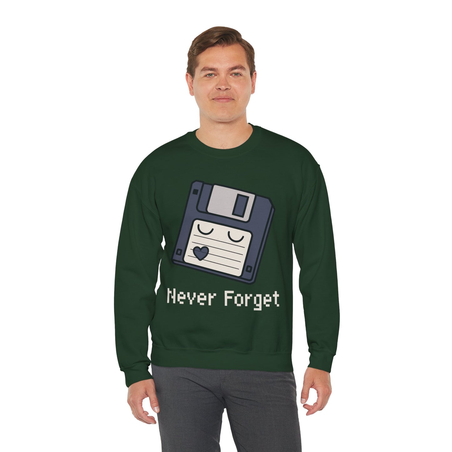 TEEZOCA never forget sweatshirt with floppy disk retro computer design Person wearing a green sweatshirt with a floppy disk graphic and 'Never Forget' text on a white background