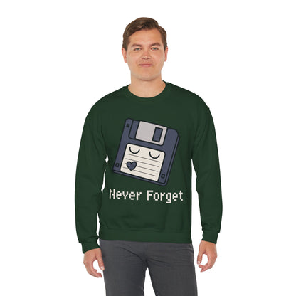TEEZOCA never forget sweatshirt with floppy disk retro computer design Person wearing a green sweatshirt with a floppy disk graphic and 'Never Forget' text on a white background