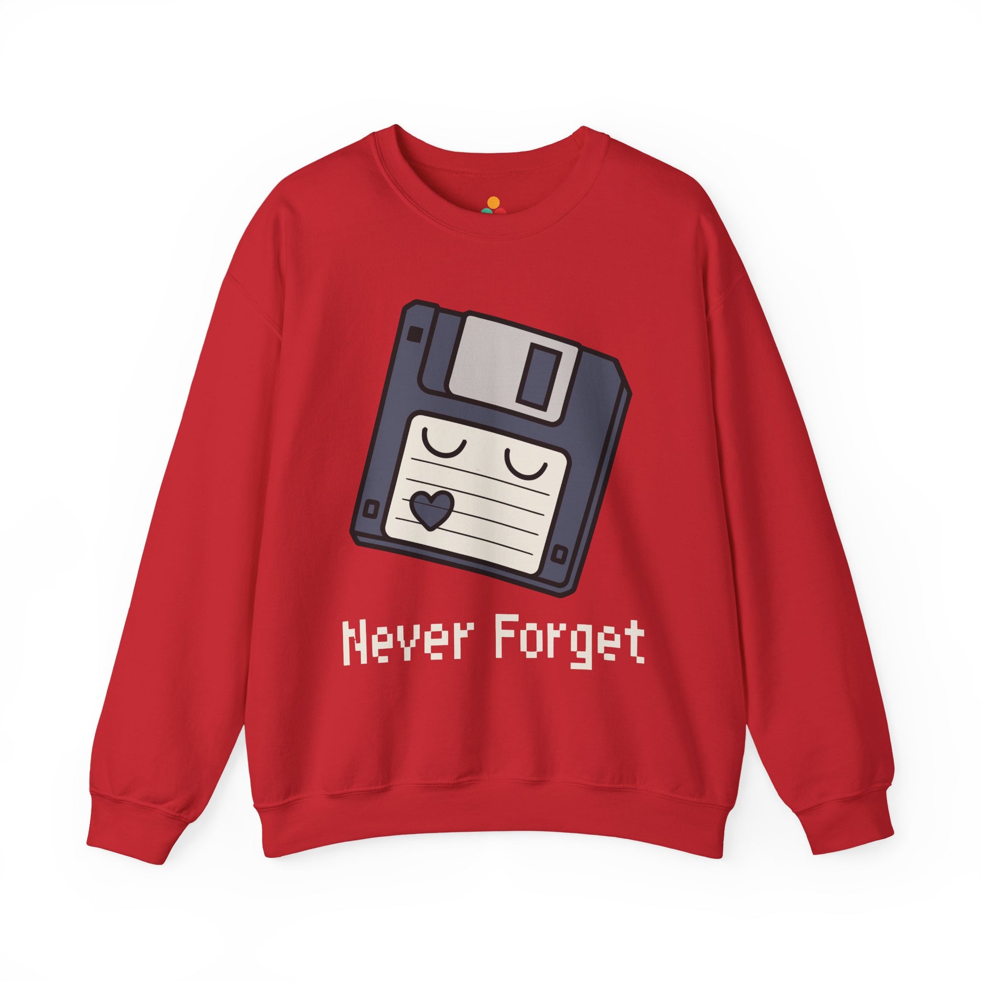 TEEZOCA never forget sweatshirt with floppy disk retro computer design Red sweatshirt with a floppy disk graphic and 'Never Forget' text on a white background