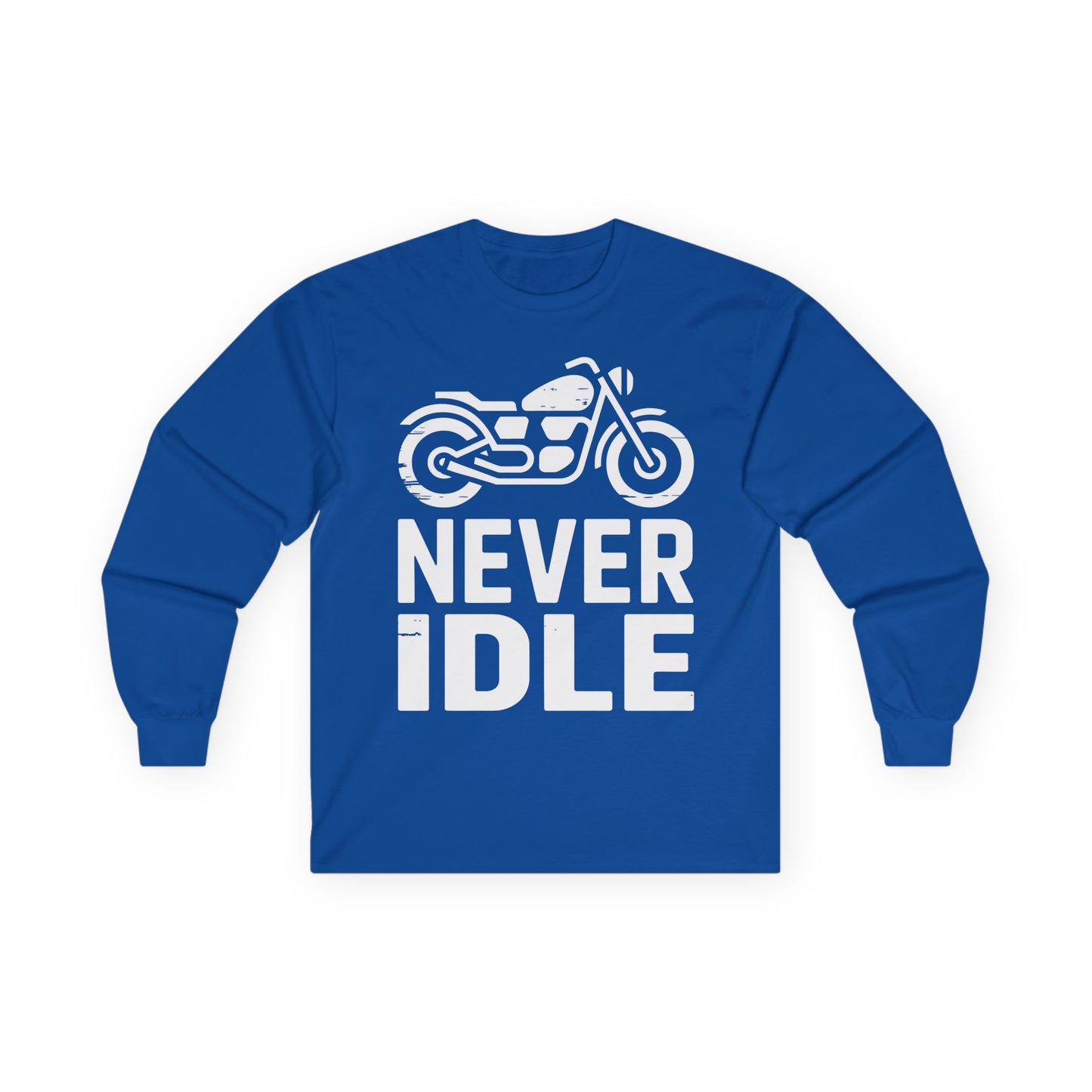 TEEZOCA never idle motorcycle unisex long-sleeve t-shirt Blue long-sleeve shirt with a motorcycle graphic and 'NEVER IDLE' text on a white background