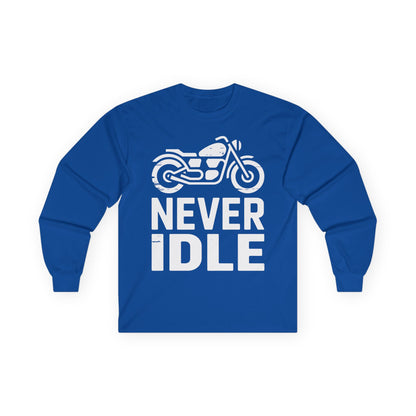 TEEZOCA never idle motorcycle unisex long-sleeve t-shirt Blue long-sleeve shirt with a motorcycle graphic and 'NEVER IDLE' text on a white background