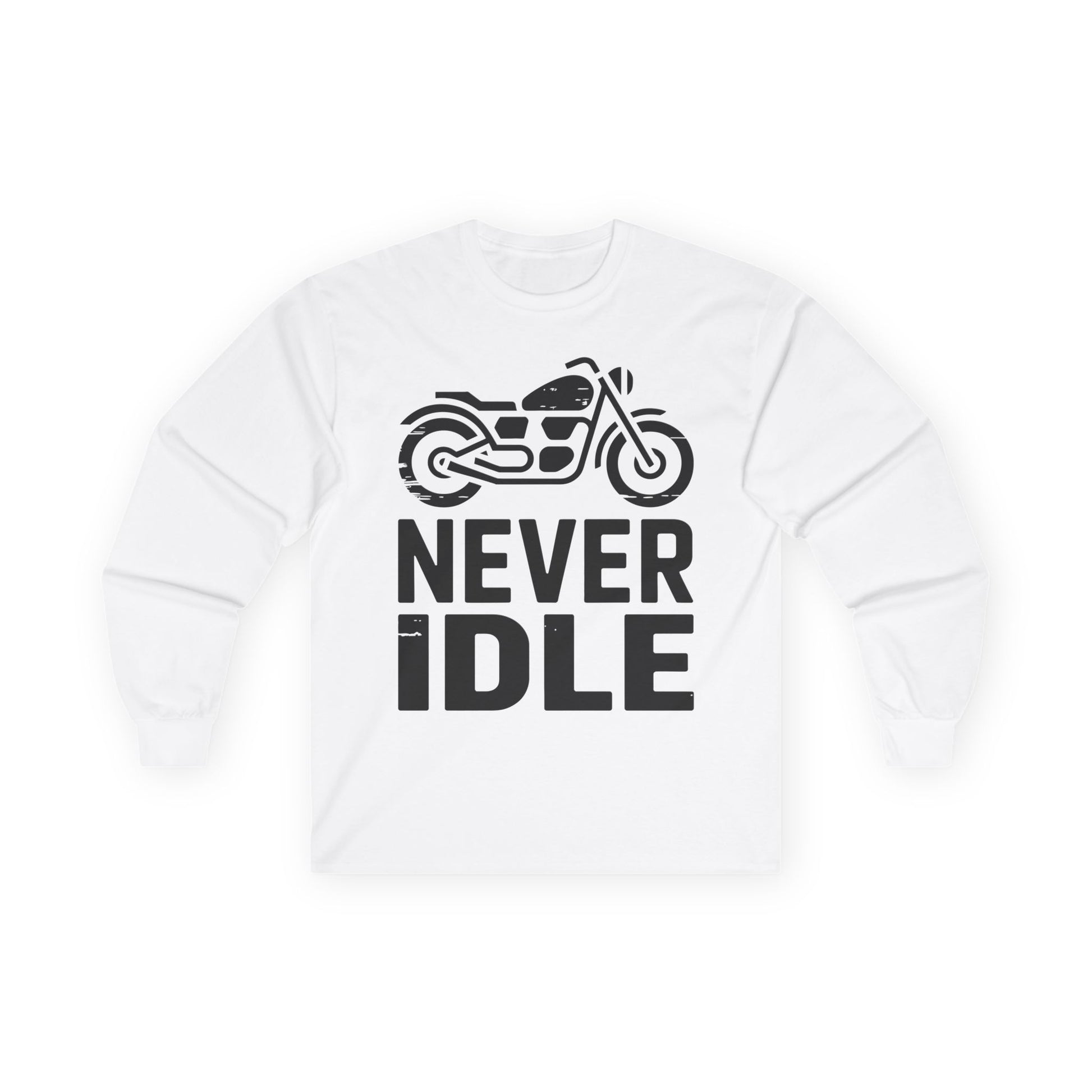 TEEZOCA never idle motorcycle unisex long-sleeve t-shirt White sweatshirt with a black motorcycle graphic and 'NEVER IDLE' text on a white background