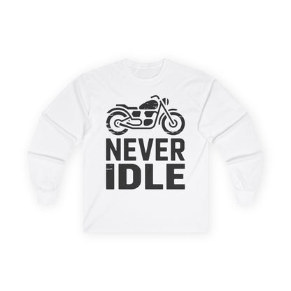 TEEZOCA never idle motorcycle unisex long-sleeve t-shirt White sweatshirt with a black motorcycle graphic and 'NEVER IDLE' text on a white background