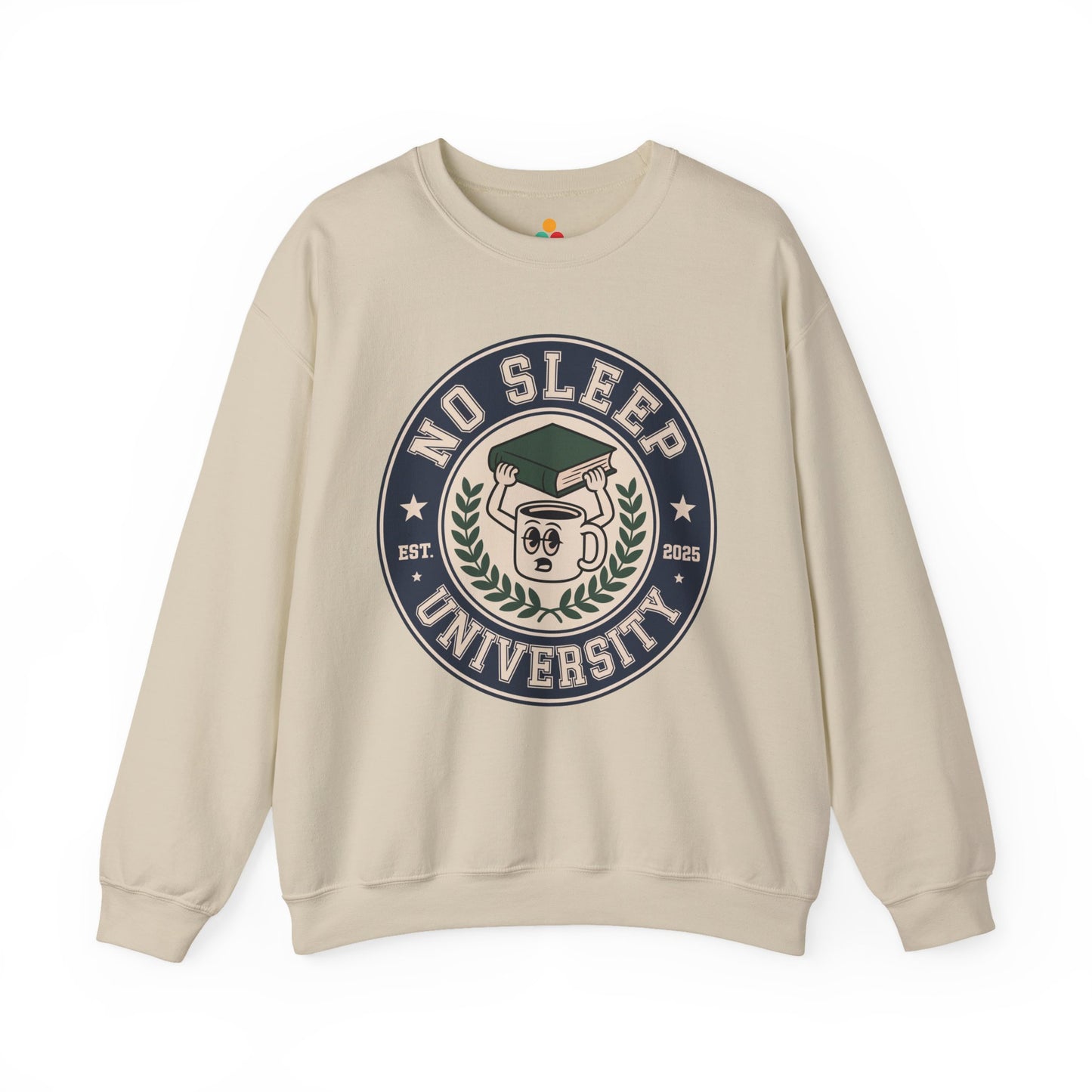 TEEZOCA no sleep university sweatshirt with coffee mug study design Beige sweatshirt with 'No Sleep University' graphic on a white background