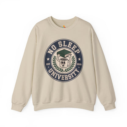TEEZOCA no sleep university sweatshirt with coffee mug study design Beige sweatshirt with 'No Sleep University' graphic on a white background