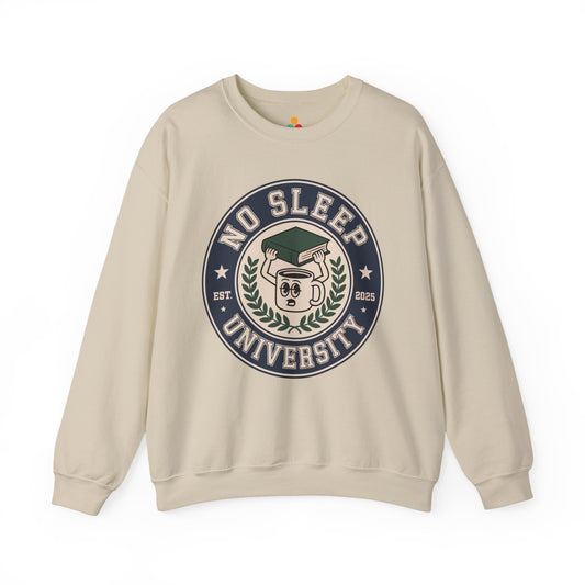 TEEZOCA no sleep university sweatshirt with coffee mug study design Beige sweatshirt with 'No Sleep University' graphic on a white background