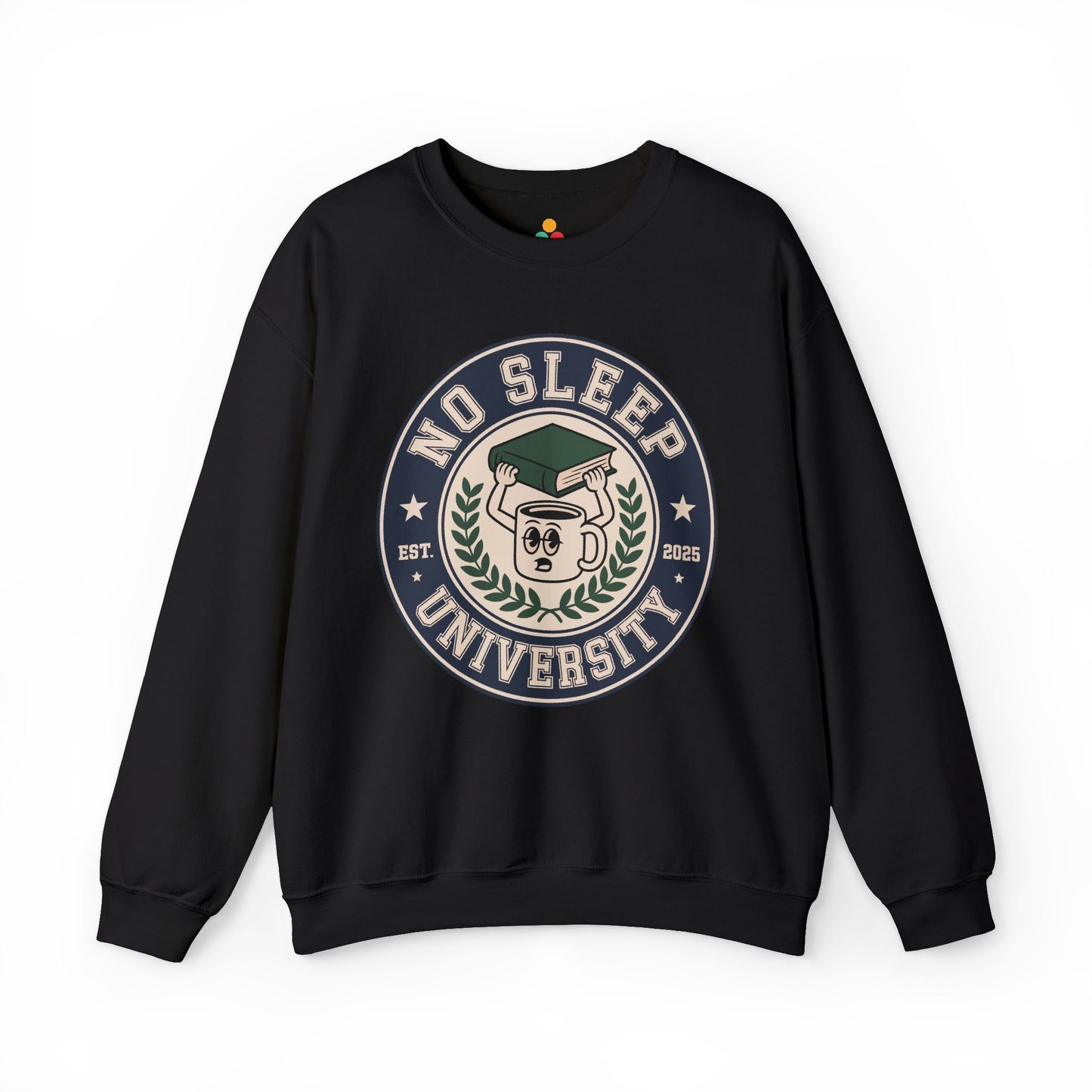 TEEZOCA no sleep university sweatshirt with coffee mug study design Black sweatshirt with 'No Sleep University' graphic on a white background
