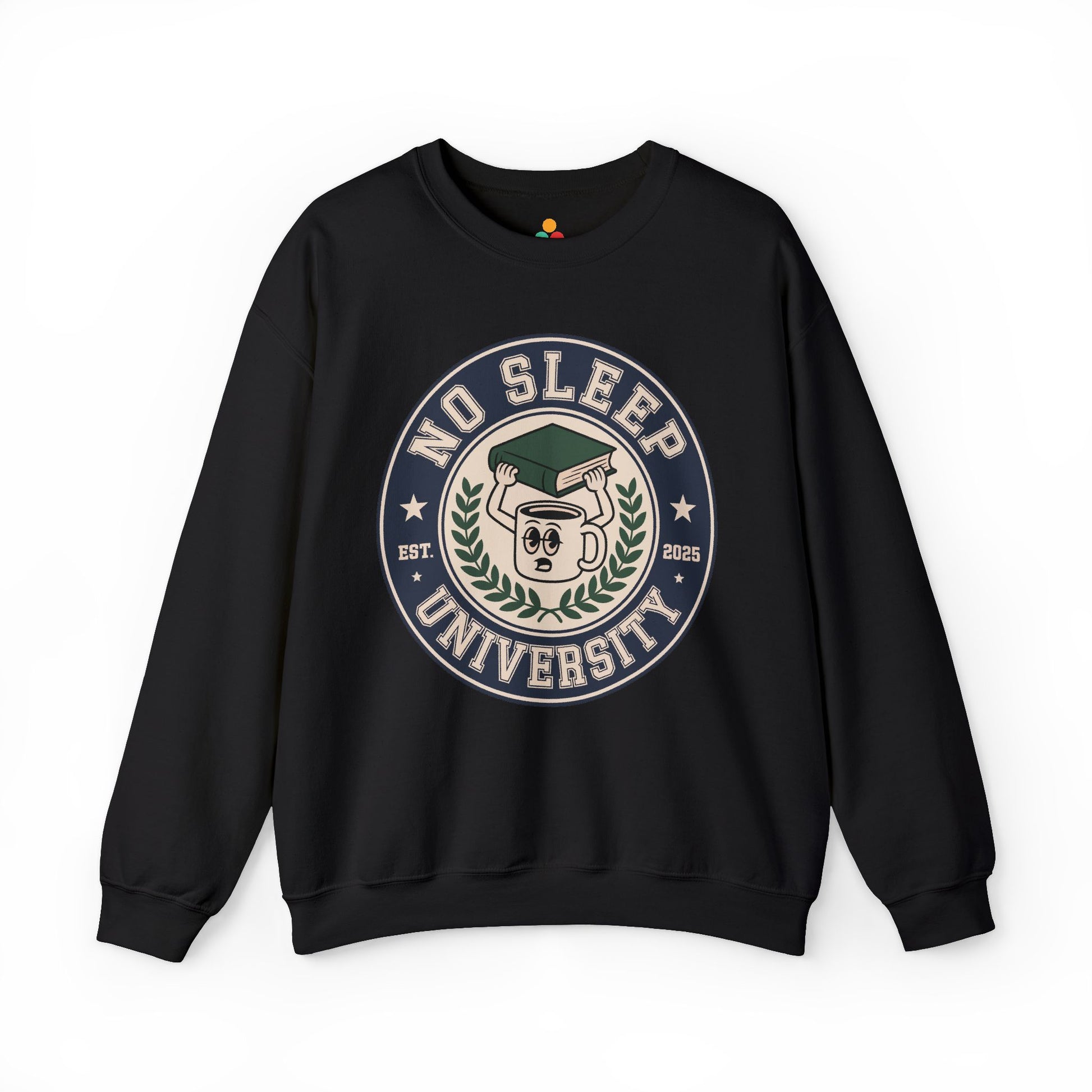 TEEZOCA no sleep university sweatshirt with coffee mug study design Black sweatshirt with 'No Sleep University' graphic on a white background