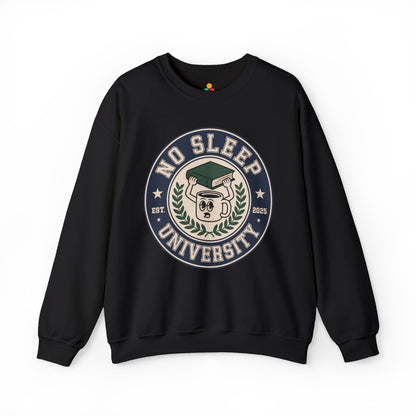 TEEZOCA no sleep university sweatshirt with coffee mug study design Black sweatshirt with 'No Sleep University' graphic on a white background