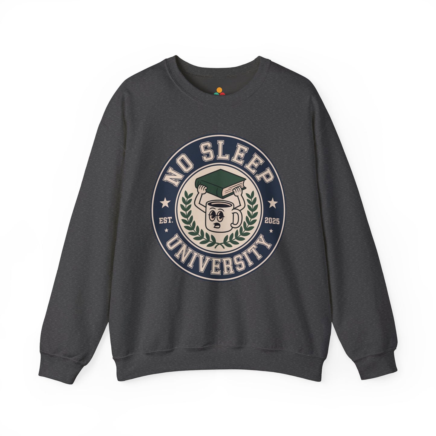 TEEZOCA no sleep university sweatshirt with coffee mug study design Gray sweatshirt with 'No Sleep University' graphic on a white background