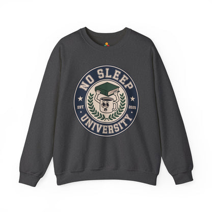 TEEZOCA no sleep university sweatshirt with coffee mug study design Gray sweatshirt with 'No Sleep University' graphic on a white background