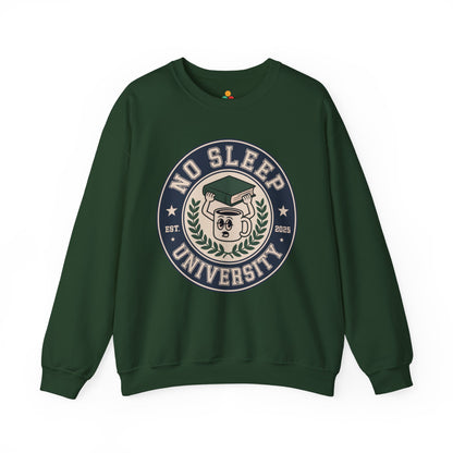 TEEZOCA no sleep university sweatshirt with coffee mug study design Green sweatshirt with 'No Sleep University' graphic on a white background