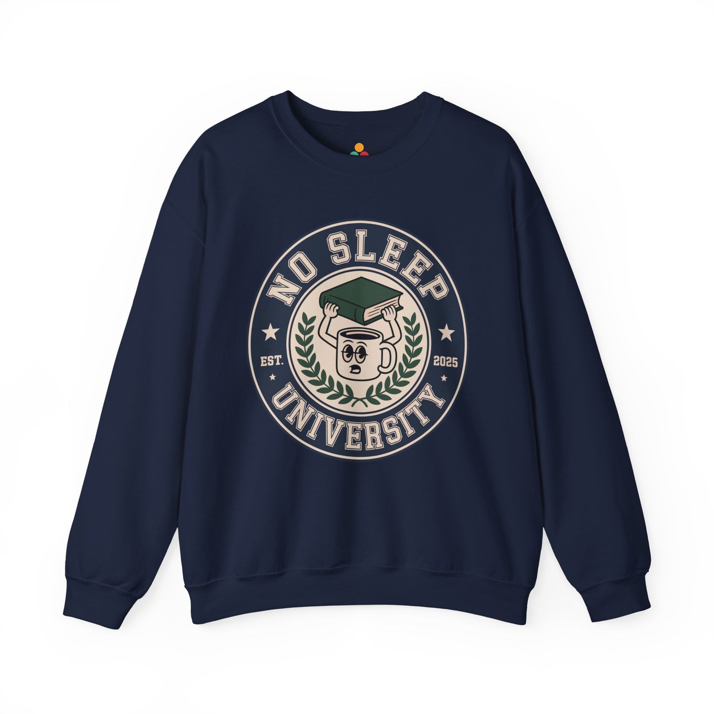 TEEZOCA no sleep university sweatshirt with coffee mug study design Navy blue sweatshirt with 'No Sleep University' graphic on a white background