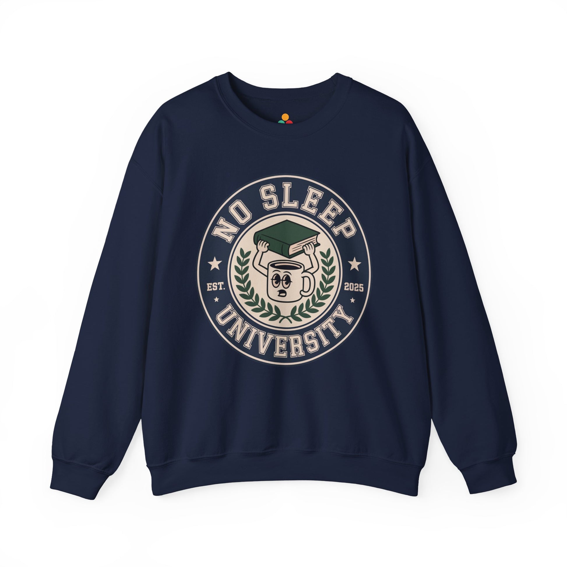 TEEZOCA no sleep university sweatshirt with coffee mug study design Navy blue sweatshirt with 'No Sleep University' graphic on a white background