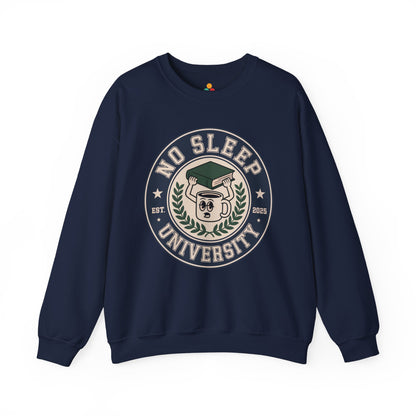 TEEZOCA no sleep university sweatshirt with coffee mug study design Navy blue sweatshirt with 'No Sleep University' graphic on a white background
