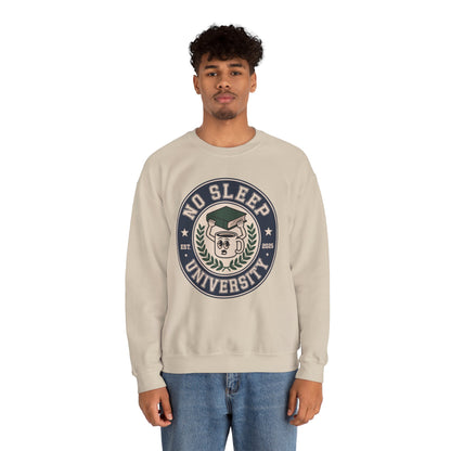 TEEZOCA no sleep university sweatshirt with coffee mug study design Person wearing a beige sweatshirt with 'No Sleep University' graphic on a white background