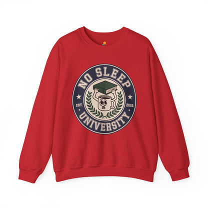 TEEZOCA no sleep university sweatshirt with coffee mug study design Red sweatshirt with 'No Sleep University' graphic on a white background