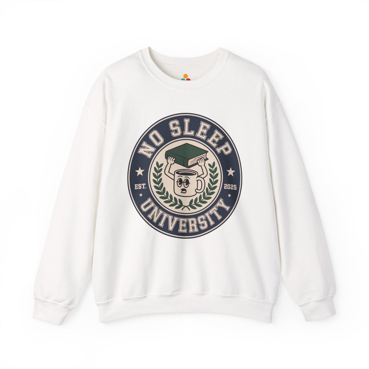 TEEZOCA no sleep university sweatshirt with coffee mug study design White sweatshirt with 'No Sleep University' graphic on a white background
