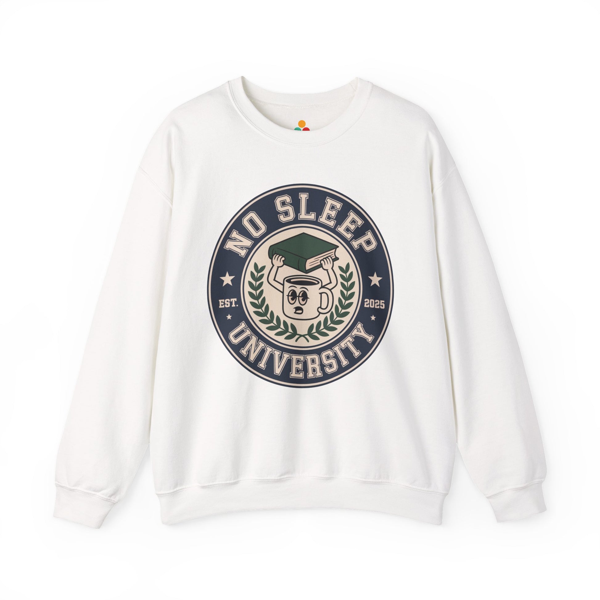 TEEZOCA no sleep university sweatshirt with coffee mug study design White sweatshirt with 'No Sleep University' graphic on a white background