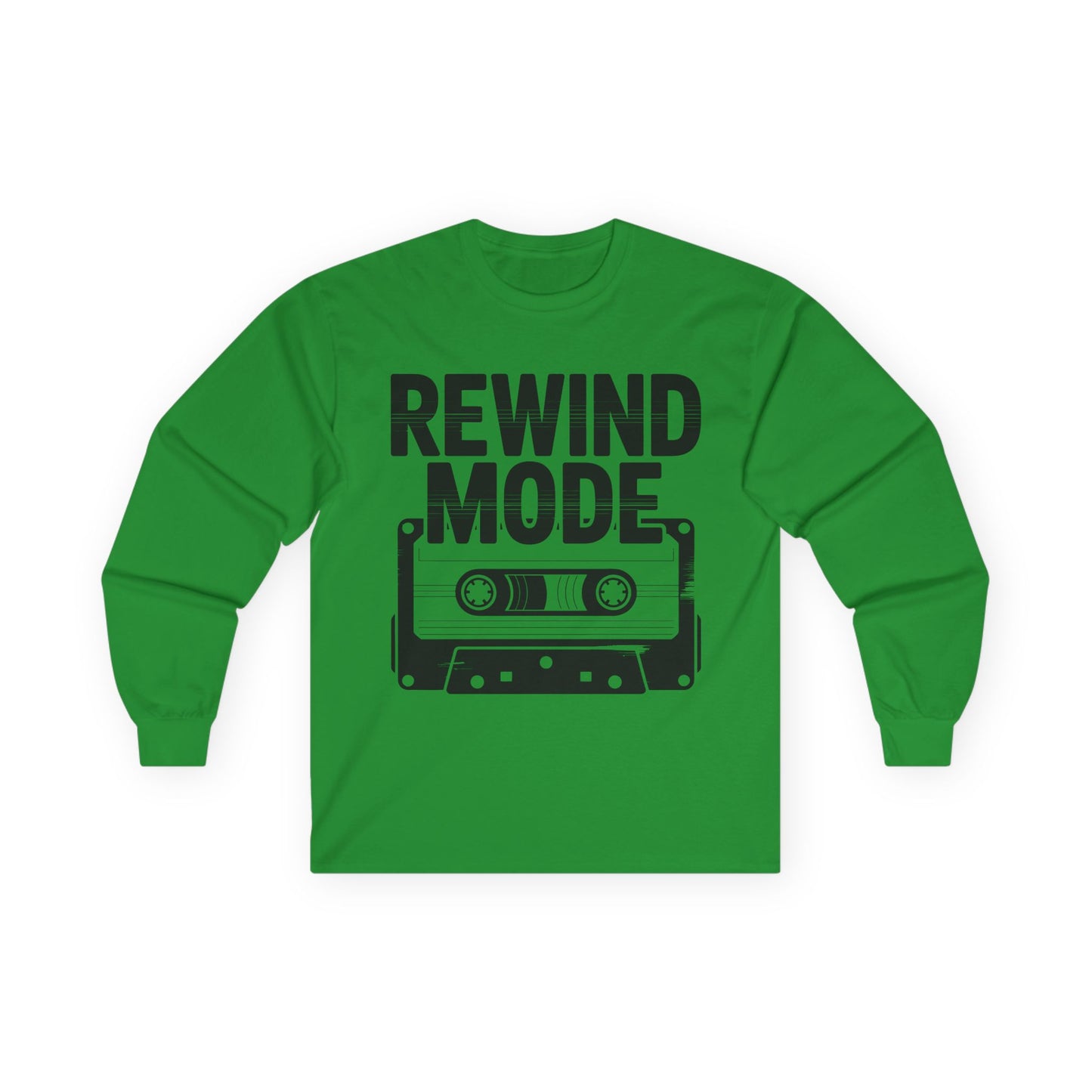TEEZOCA nostalgic music tape unisex long-sleeve shirt Green long-sleeve shirt with 'Rewind Mode' graphic on a white background
