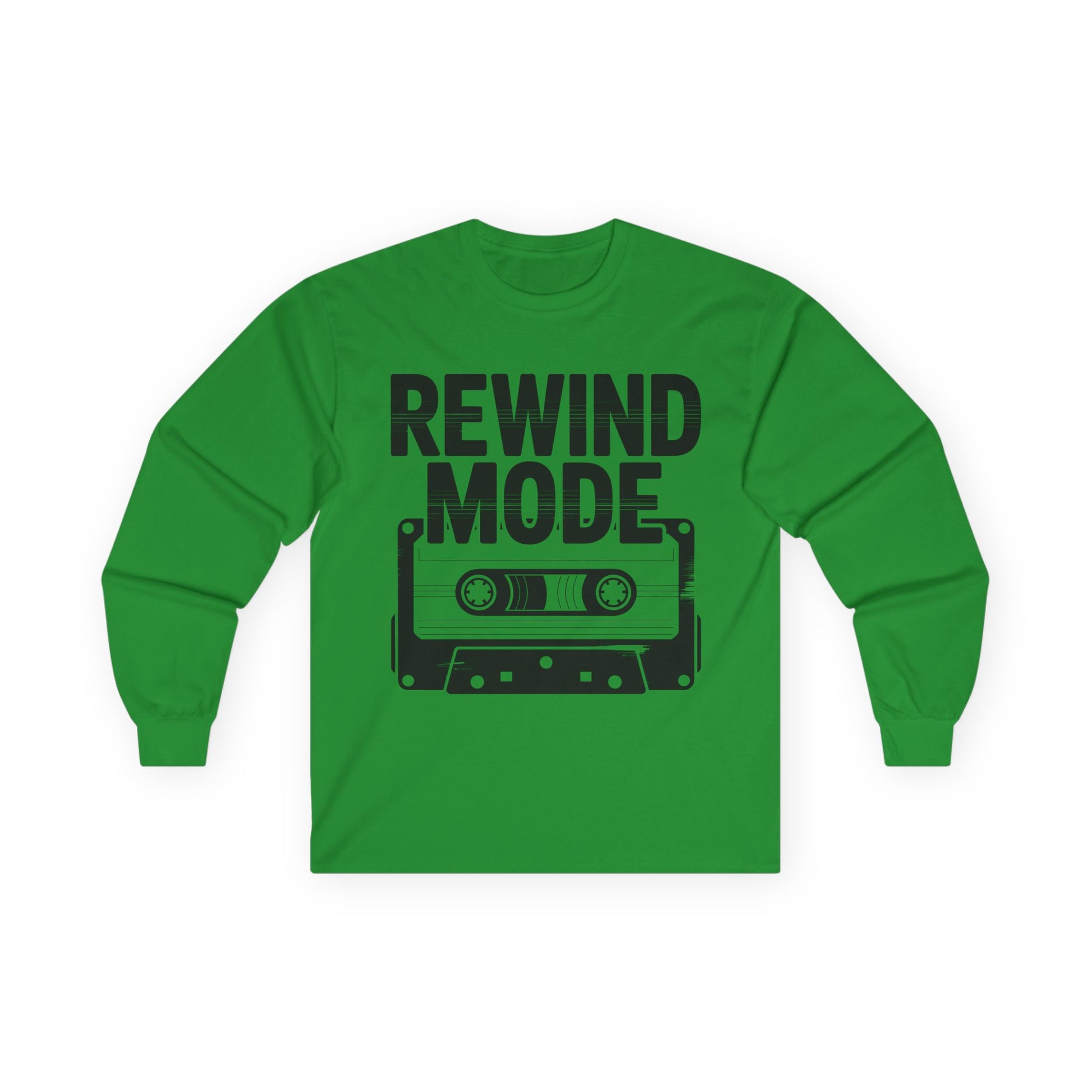 TEEZOCA nostalgic music tape unisex long-sleeve shirt Green long-sleeve shirt with 'Rewind Mode' graphic on a white background