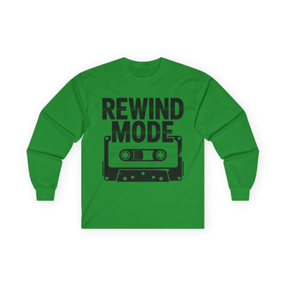 TEEZOCA nostalgic music tape unisex long-sleeve shirt Green long-sleeve shirt with 'Rewind Mode' graphic on a white background