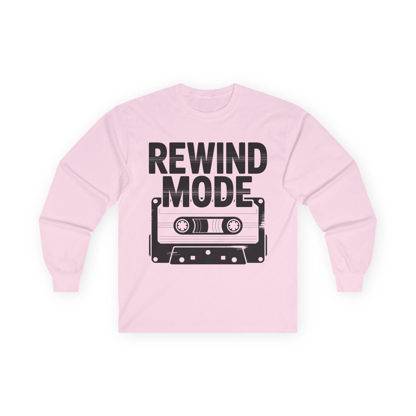 TEEZOCA nostalgic music tape unisex long-sleeve shirt Pink sweatshirt with 'REWIND MODE' text and cassette tape graphic on a white background