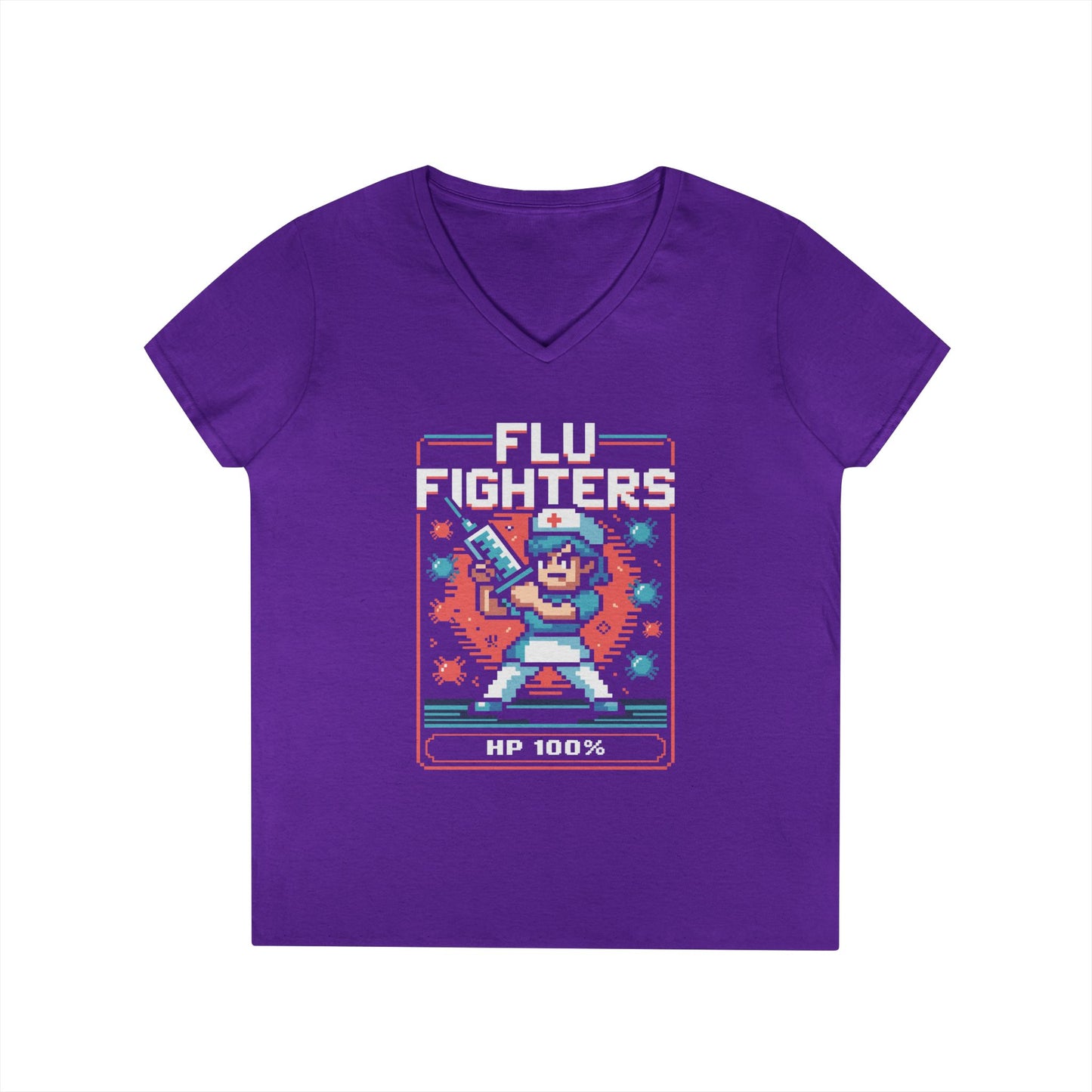 Flu Fighters Pixel Nurse V-Neck T-Shirt Retro Gaming Style Tee | TEEZOCA 