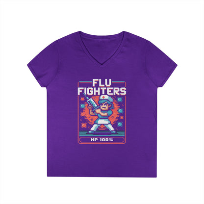Flu Fighters Pixel Nurse V-Neck T-Shirt Retro Gaming Style Tee | TEEZOCA 