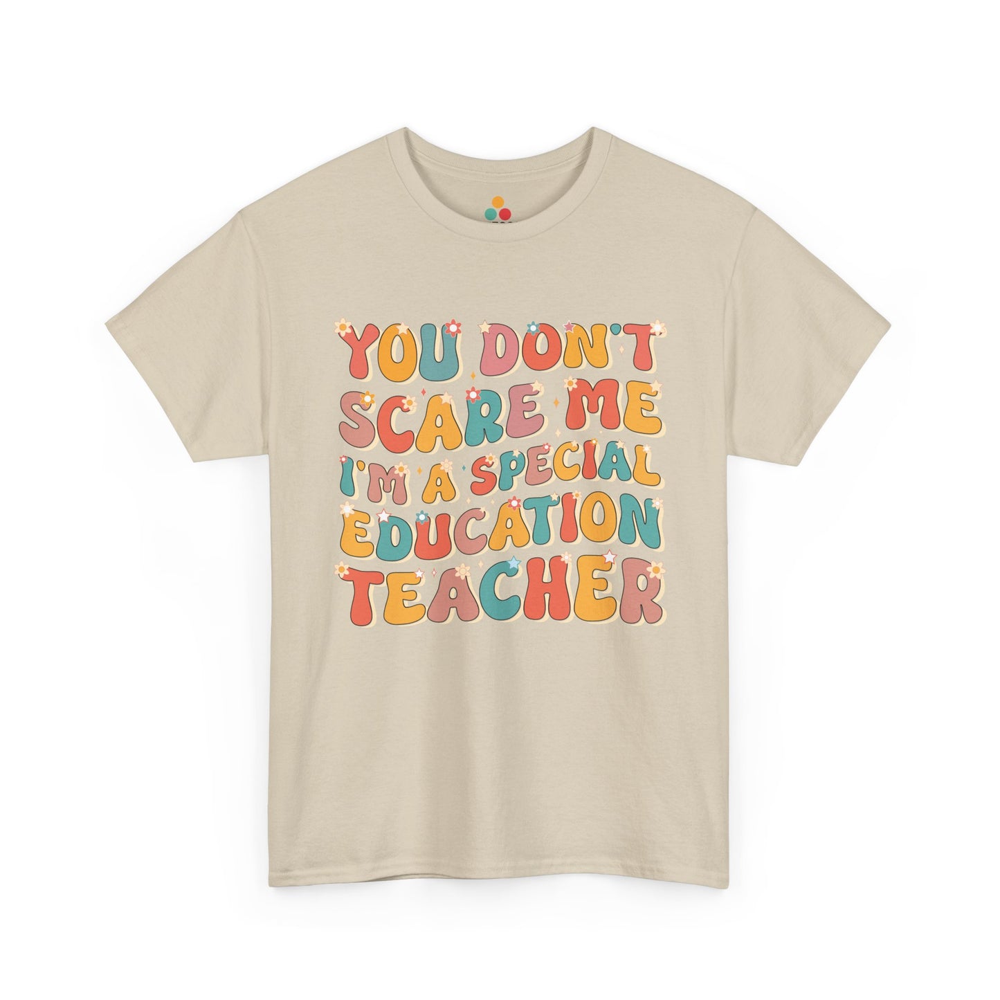 TEEZOCA oatmeal beige everyday T-shirt displaying the retro boho special education teacher slogan.