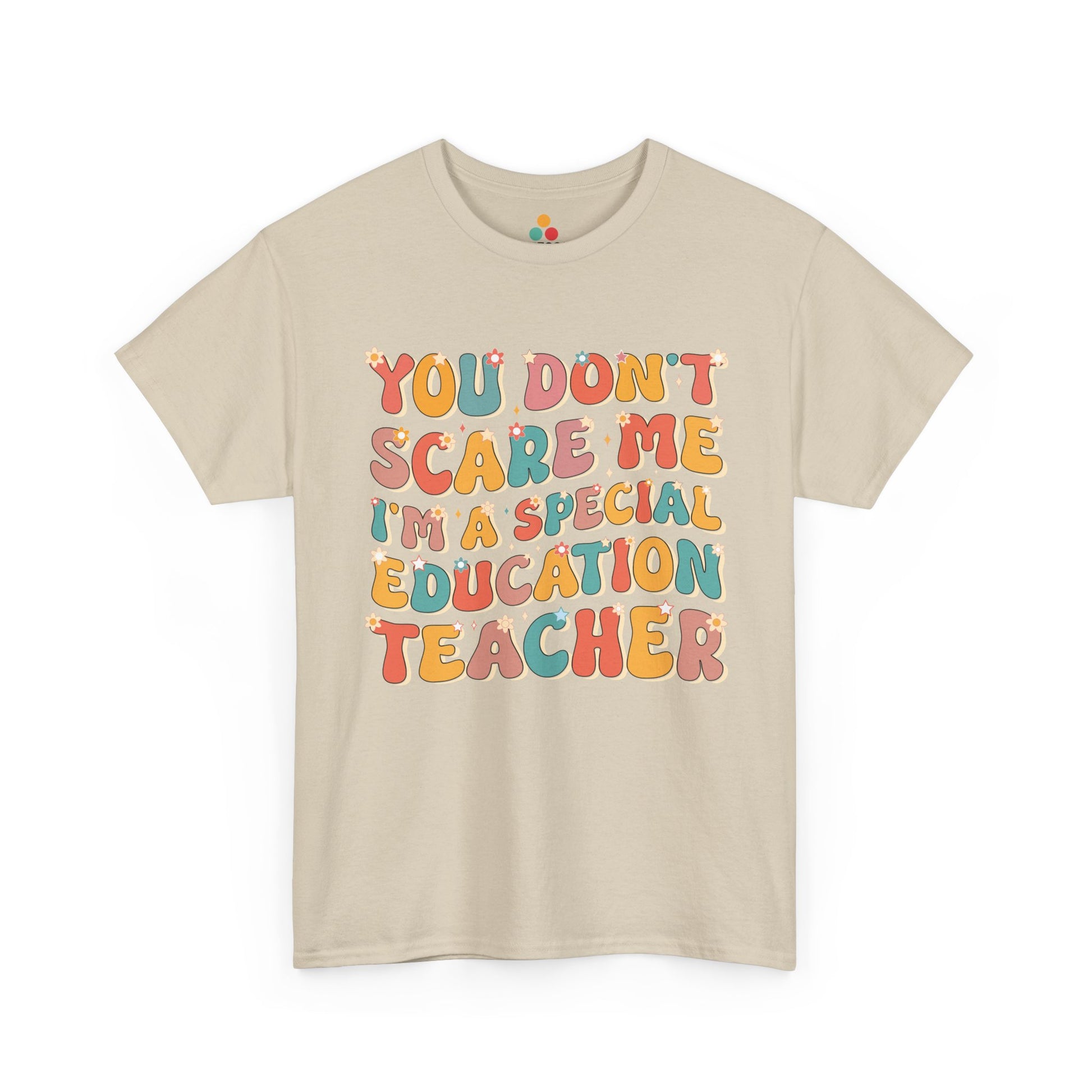 TEEZOCA oatmeal beige everyday T-shirt displaying the retro boho special education teacher slogan.