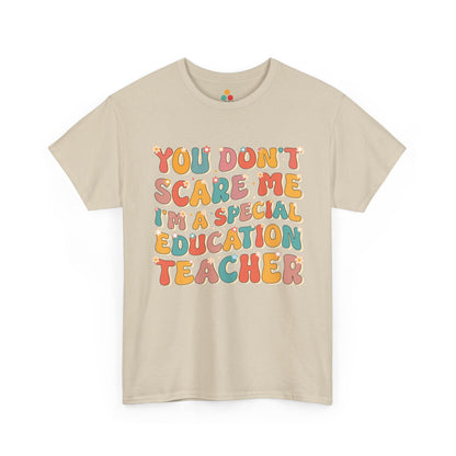 TEEZOCA oatmeal beige everyday T-shirt displaying the retro boho special education teacher slogan.