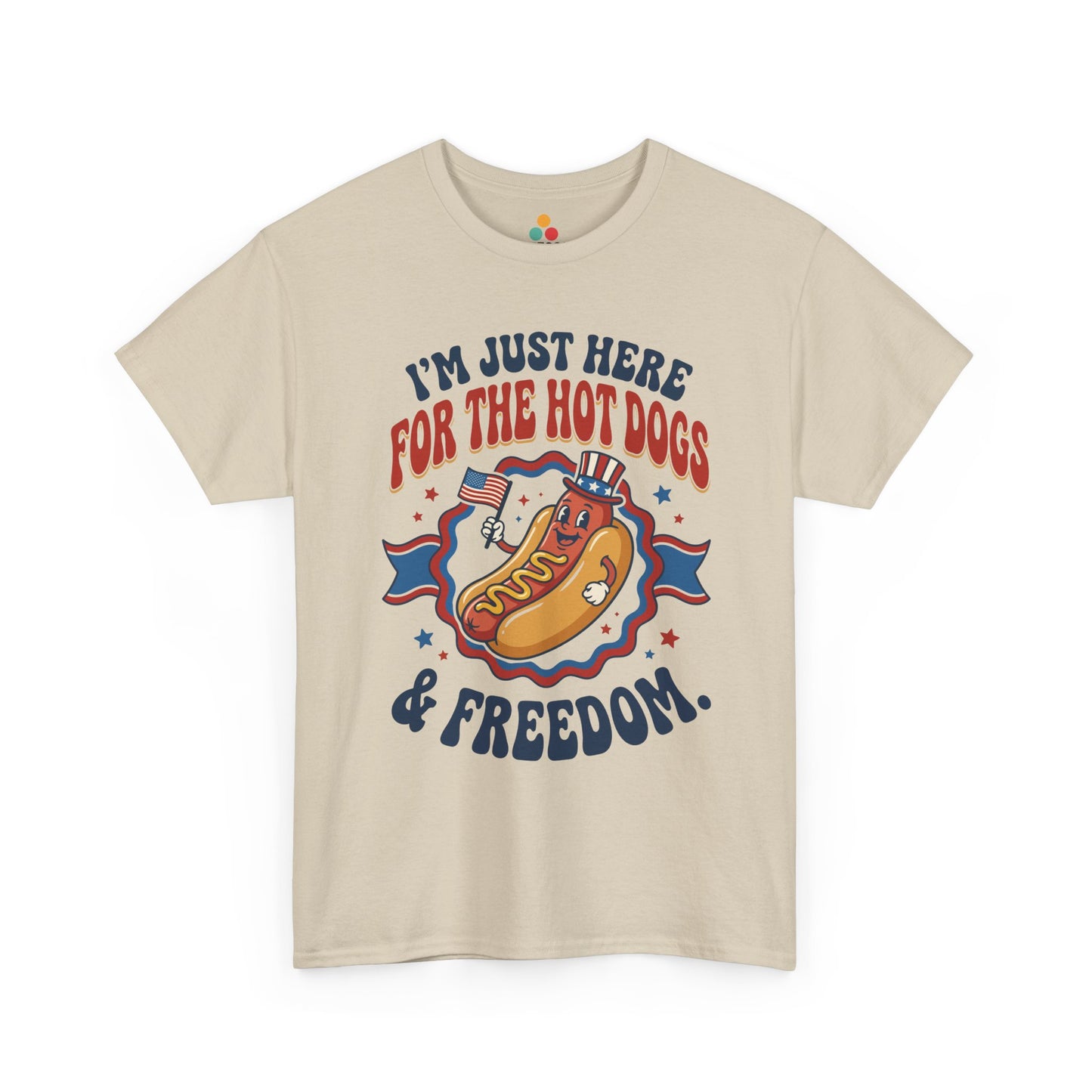 TEEZOCA oatmeal beige summer 4t of july tee shirt featuring funny hot dog saying and character design.