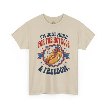 TEEZOCA oatmeal beige summer 4t of july tee shirt featuring funny hot dog saying and character design.
