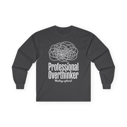 TEEZOCA office humor professional overthinker unisex long-sleeve shirt Dark gray long-sleeve shirt with white text and graphic on a white background