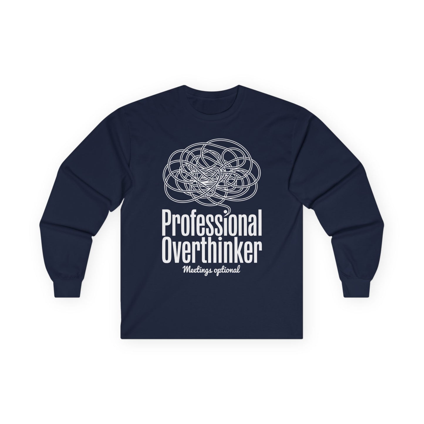 TEEZOCA office humor professional overthinker unisex long-sleeve shirt Navy blue long-sleeve shirt with 'Professional Overthinker Meetings optional' text and graphic on a white background
