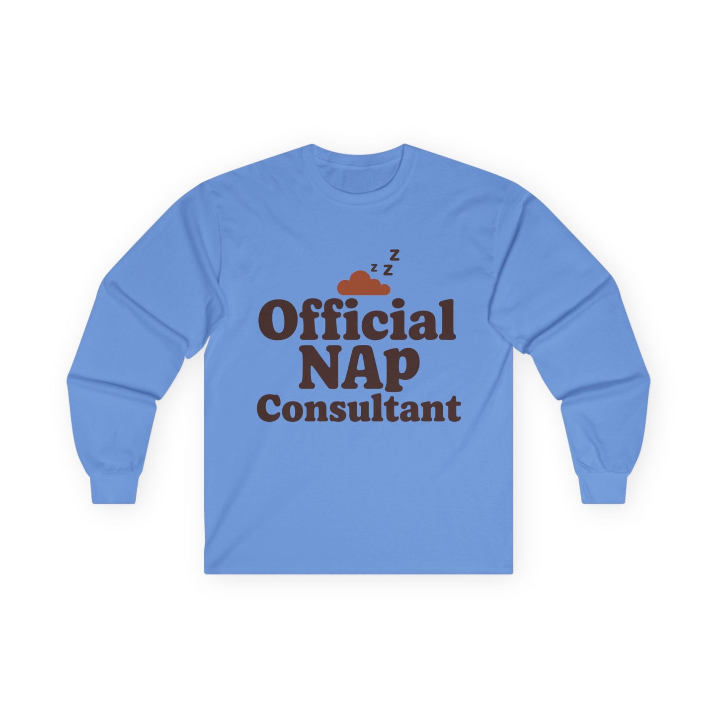 TEEZOCA official nap consultant unisex long-sleeve t-shirt Blue long-sleeve shirt with 'Official NAP Consultant' text on a white background