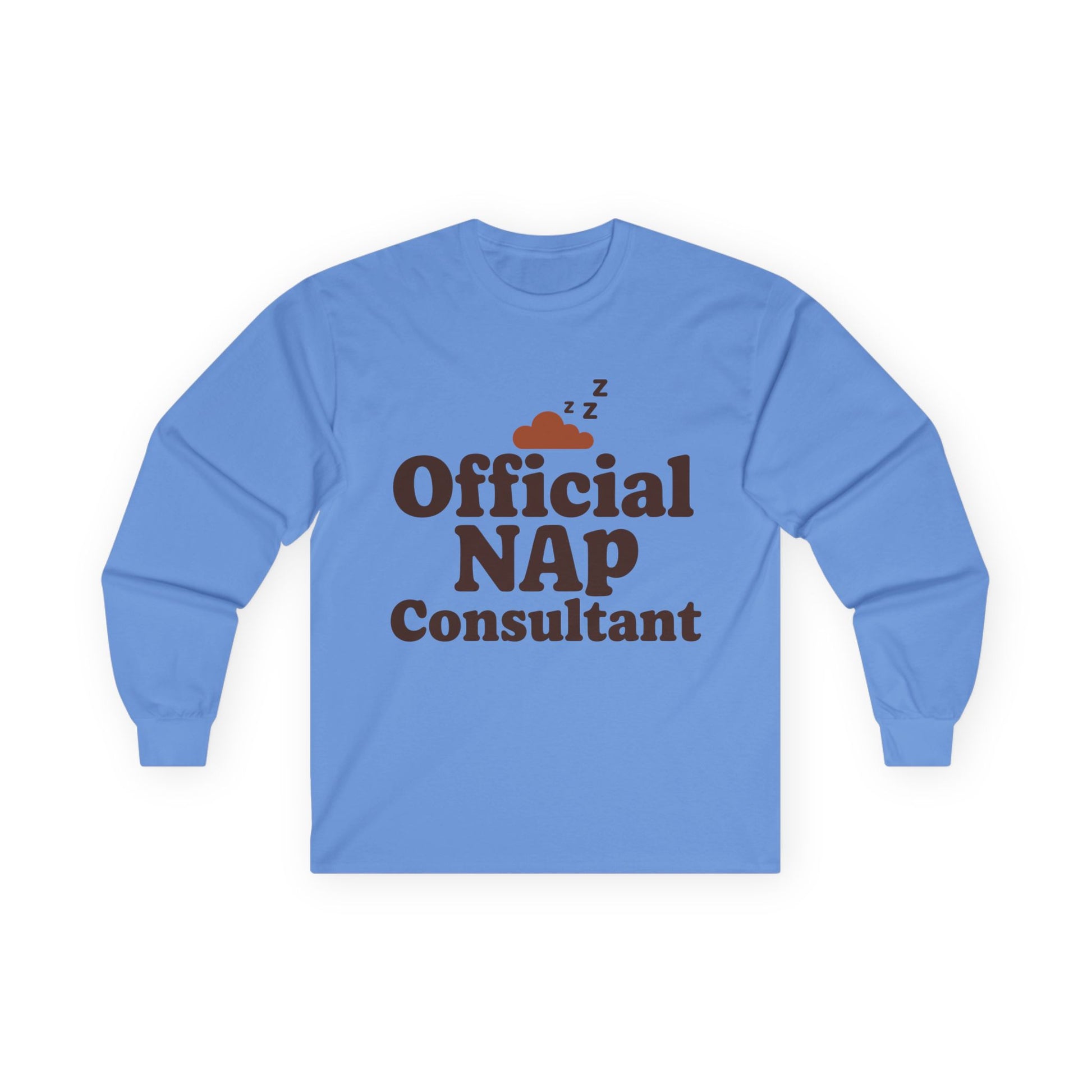 TEEZOCA official nap consultant unisex long-sleeve t-shirt Blue long-sleeve shirt with 'Official NAP Consultant' text on a white background