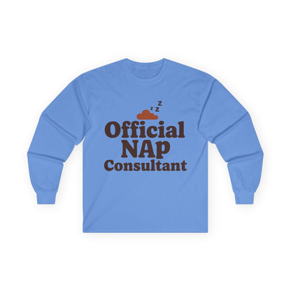 TEEZOCA official nap consultant unisex long-sleeve t-shirt Blue long-sleeve shirt with 'Official NAP Consultant' text on a white background