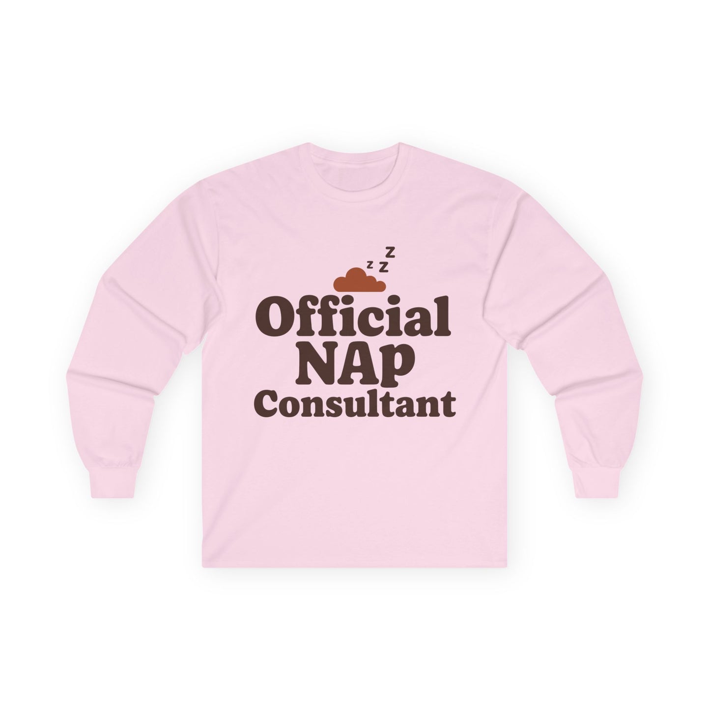 TEEZOCA official nap consultant unisex long-sleeve t-shirt Pink sweatshirt with 'Official NAP Consultant' text on a white background