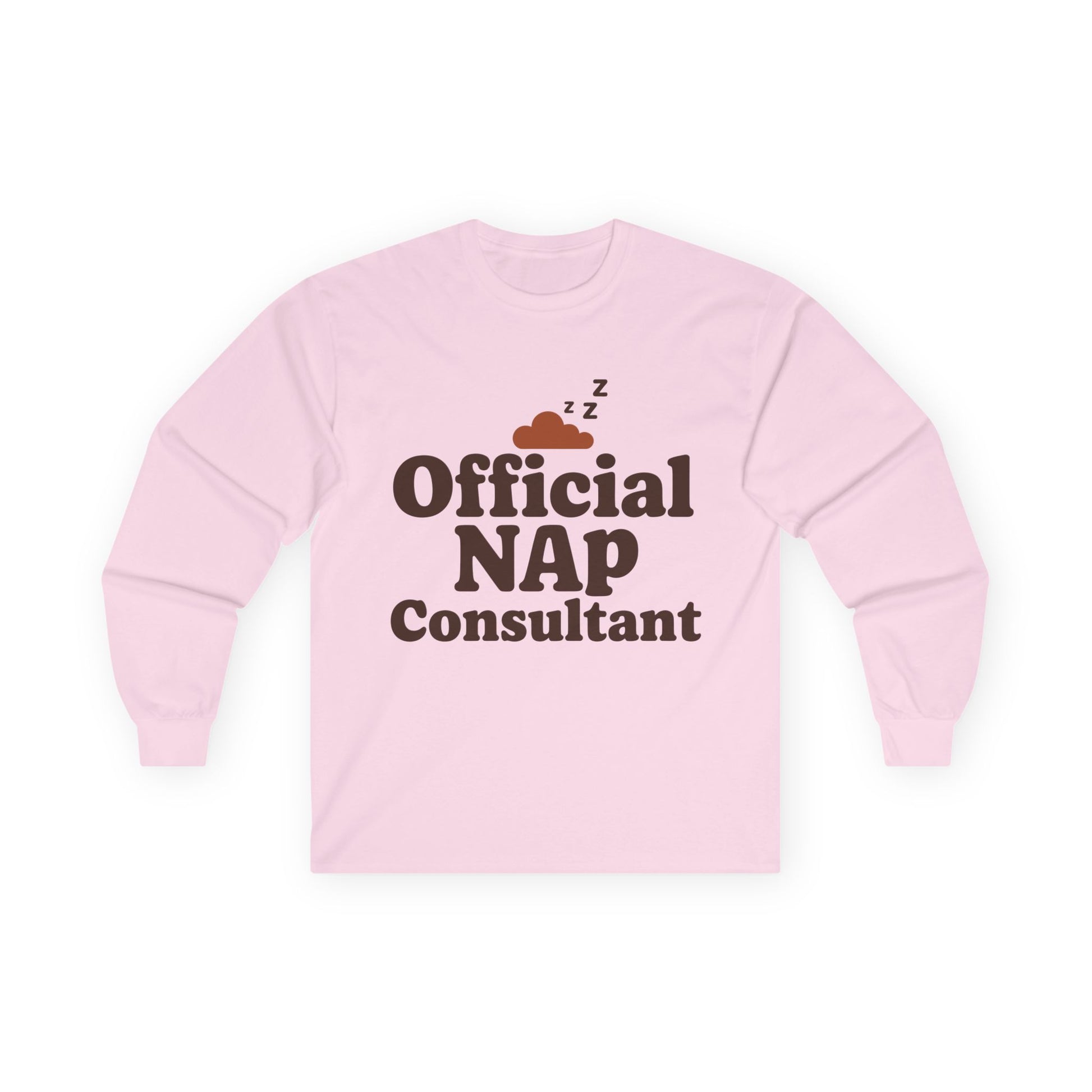 TEEZOCA official nap consultant unisex long-sleeve t-shirt Pink sweatshirt with 'Official NAP Consultant' text on a white background