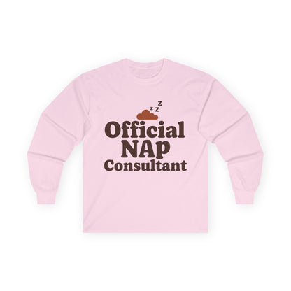 TEEZOCA official nap consultant unisex long-sleeve t-shirt Pink sweatshirt with 'Official NAP Consultant' text on a white background