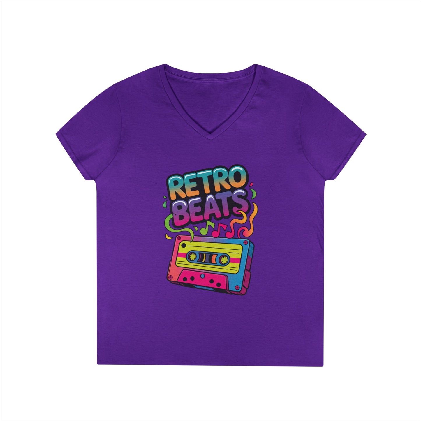 Retro Beats Cassette Art Ladies’ V-Neck T-Shirt Colorful Music Vibes | TEEZOCA 
