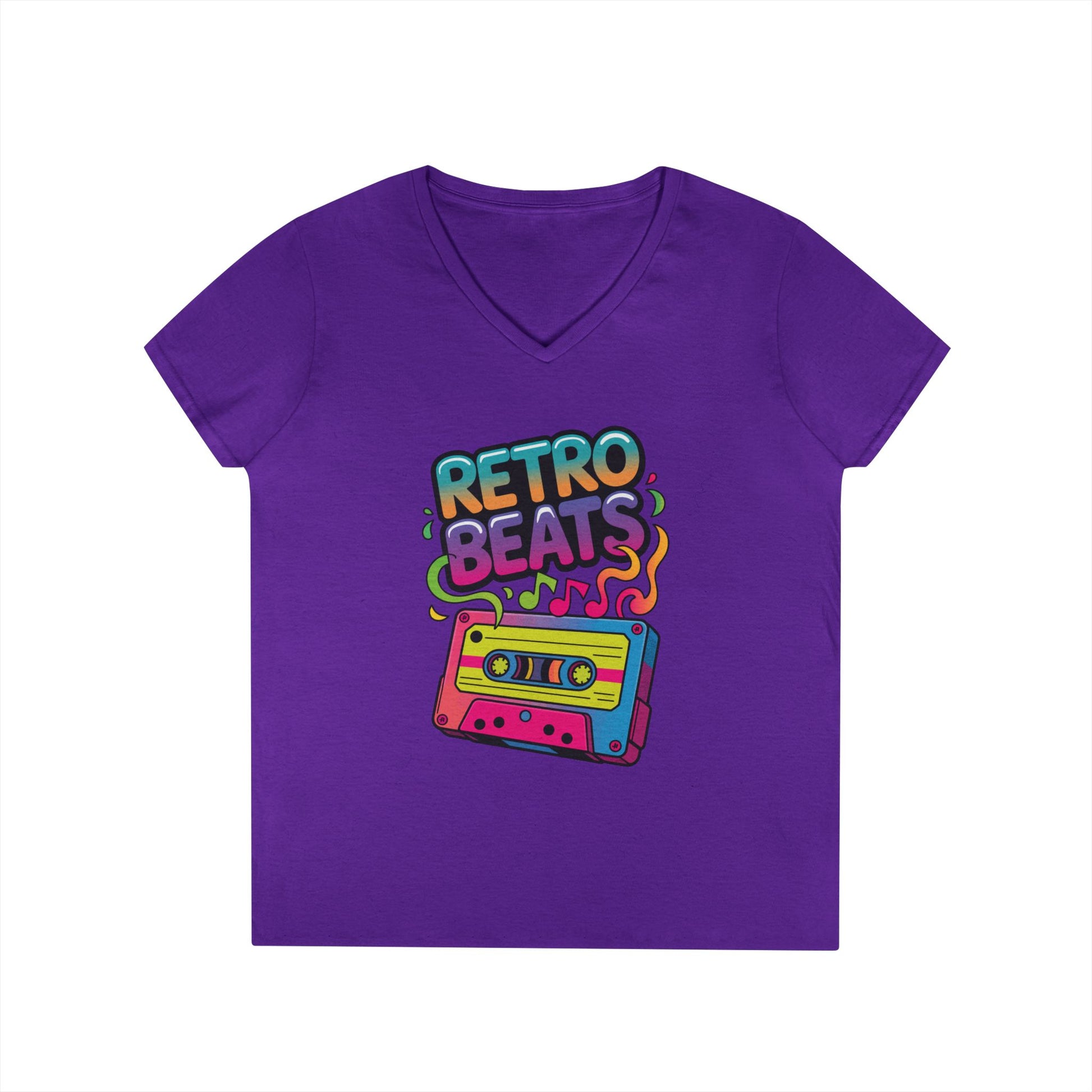 Retro Beats Cassette Art Ladies’ V-Neck T-Shirt Colorful Music Vibes | TEEZOCA 