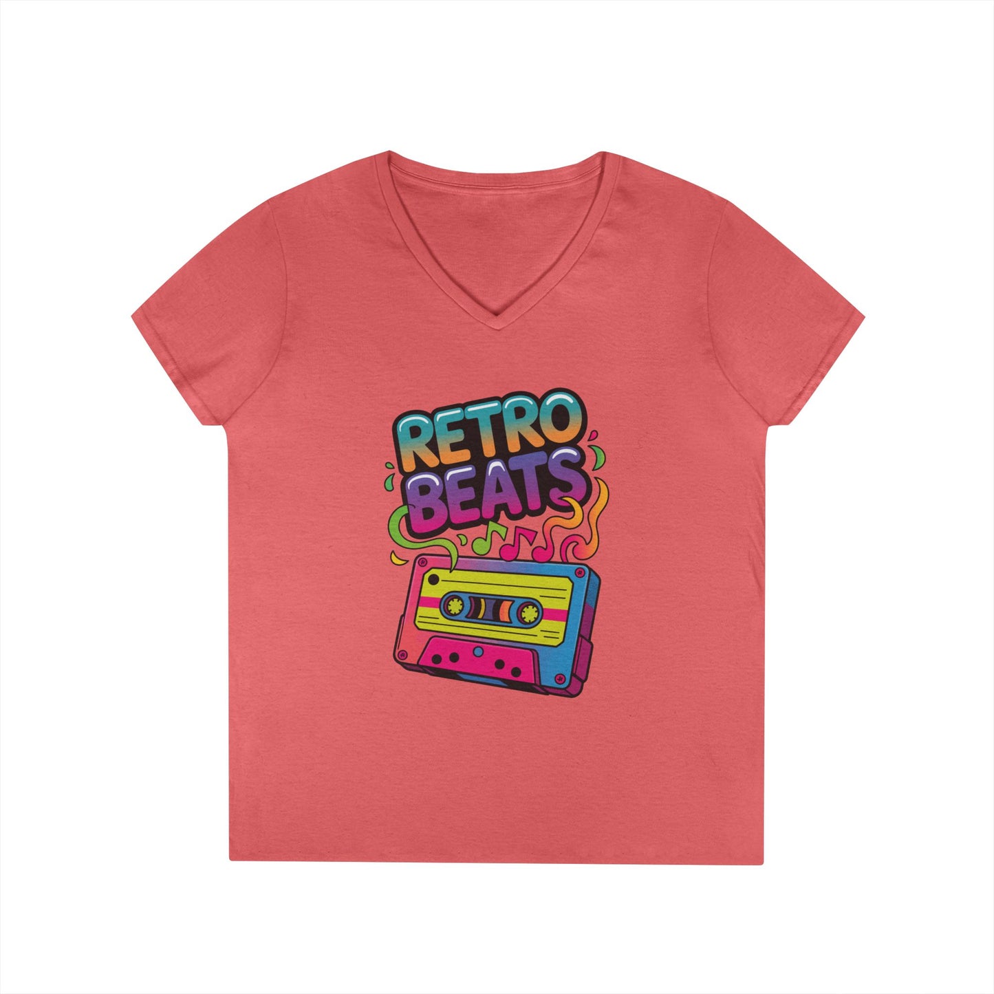 Retro Beats Cassette Art Ladies’ V-Neck T-Shirt Colorful Music Vibes | TEEZOCA 